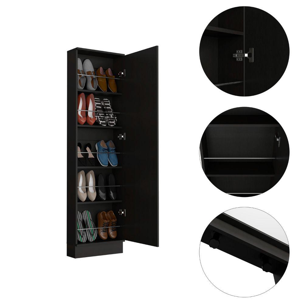 DEPOT E-SHOP Charlotte Xl Shoe Rack, Five Internal Shelves, Mirror, One-Door Cabinet-Black, For Bedroom. Picture 4