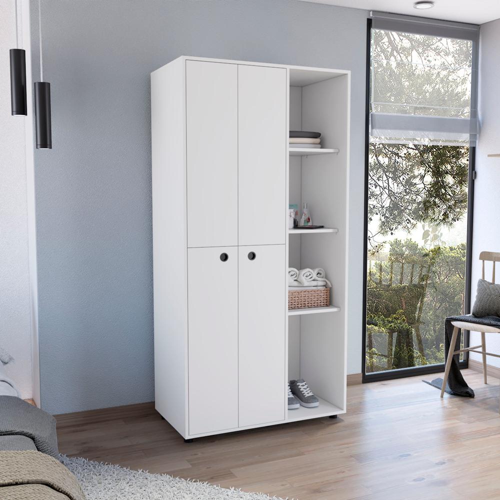 Armoire with 2-door Storage with Metal Rods, Drawer, 3 Open Shelves, White. Picture 5