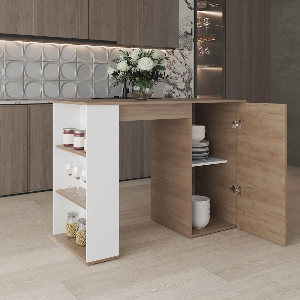 Rossiter Kitchen Island, 1 Door, 5 Shelves, Natural Oak/White. Picture 7