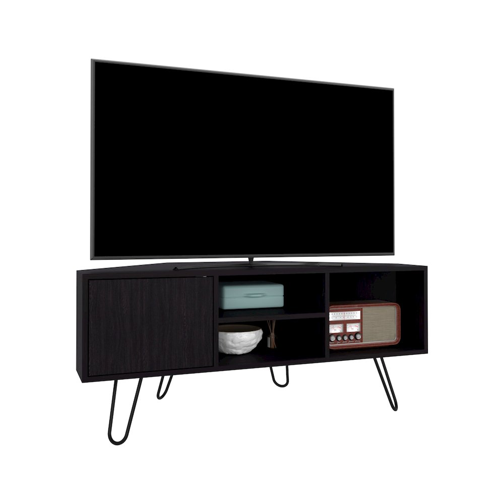Jenks TV Stand, 1 Door, 3 Shelves, 4 Legs, Black. Picture 3