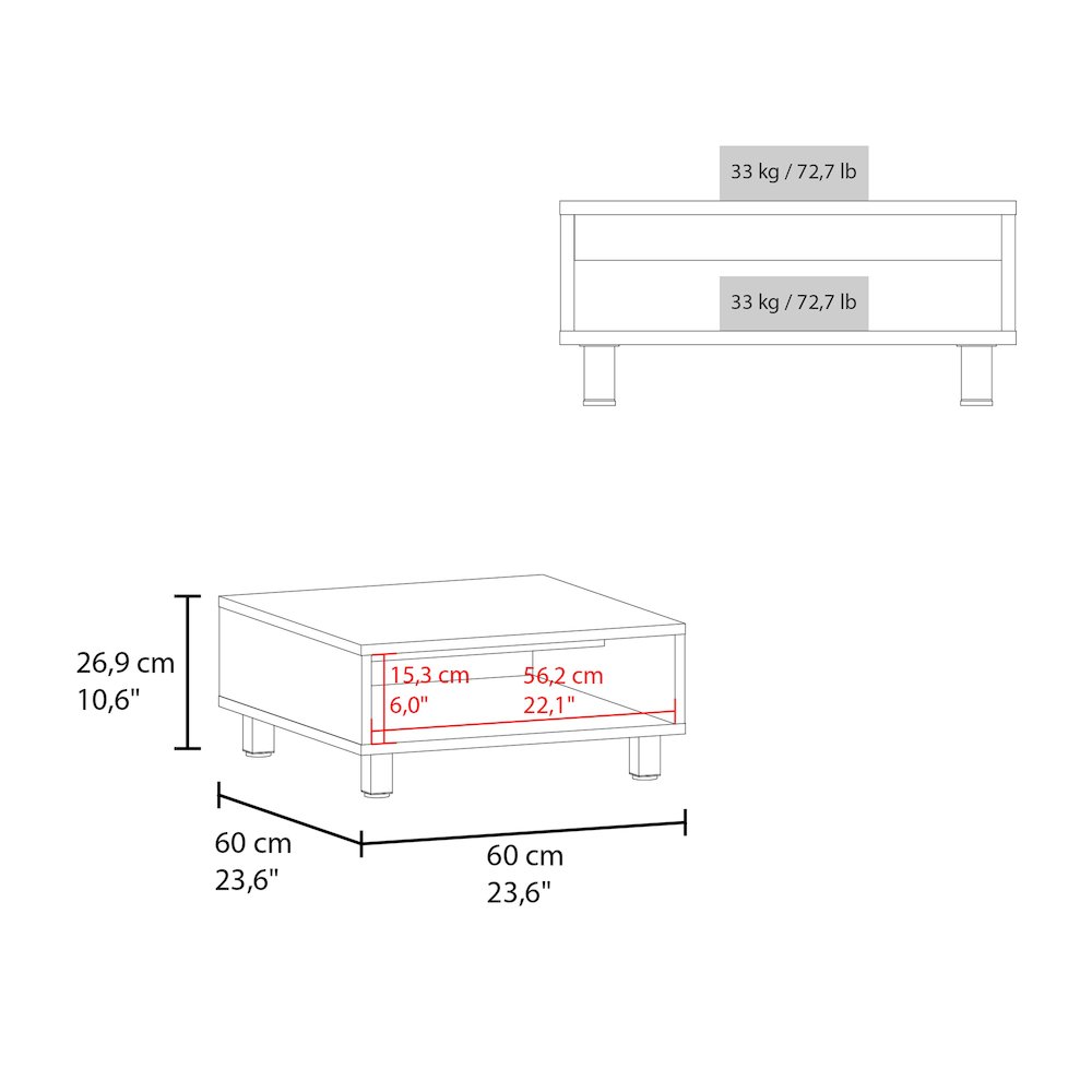 Chiniak Coffee Table, 1 shelf, 4 legs, White. Picture 4