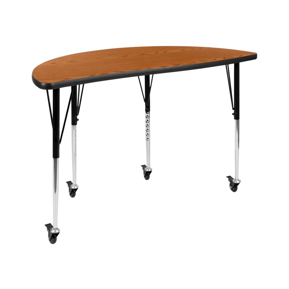 Mobile 47.5" Half Circle Wave Flexible Collaborative Oak Thermal Laminate Activity Table - Standard Height Adjustable Legs. Picture 1