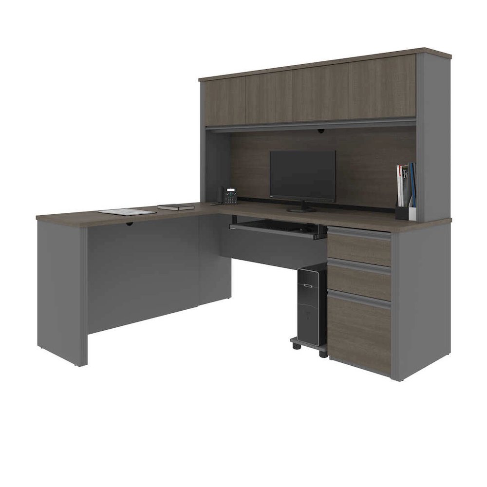72W L-Shaped Desk with Pedestal and Hutch. Picture 1