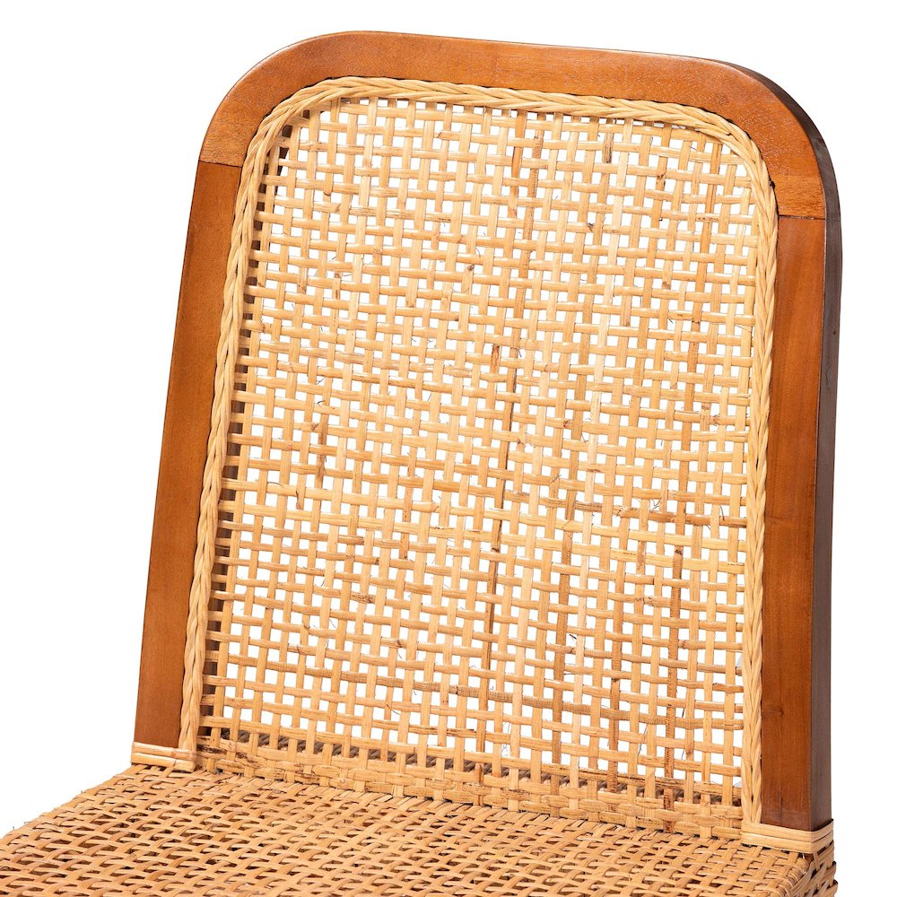 Walnut Brown Mahogany Wood and Natural Rattan 2-Piece Dining Chair Set. Picture 8