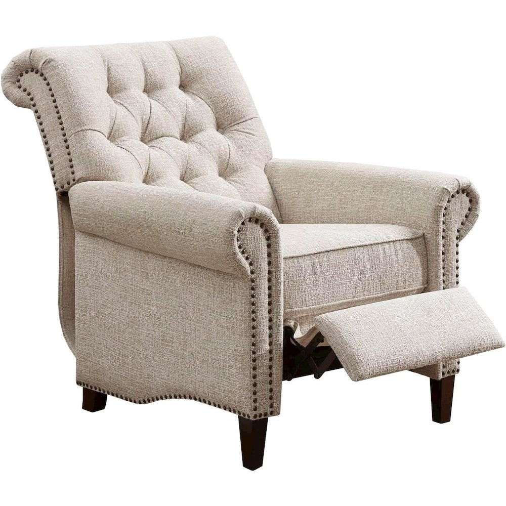 Beige Wingback Recliner Chair – Upholstered Push Back Accent Seat. Picture 1