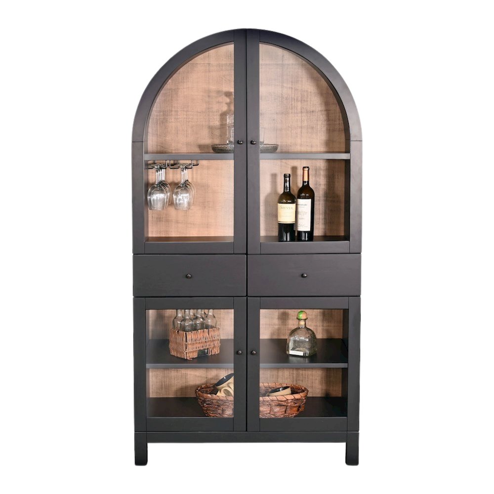 Black Solid Wood Bar Cabinet, Arched Liquor Cabinet with Glass Doors. Picture 1