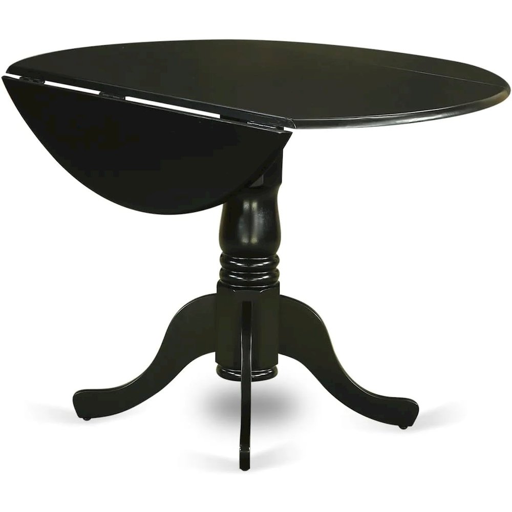 East West Furniture Dublin 3 Piece Dining Room Furniture Set Includes a Round Kitchen Table with Dropleaf and 2 Upholstered Chairs, 42x42 Inch, Black. Picture 4