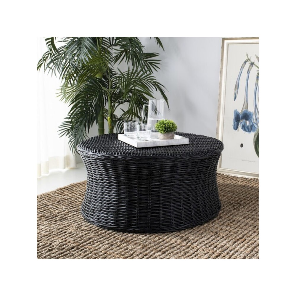 Home Collection Ruxton Black Rattan Round Coffee Table Ottoman. Picture 5