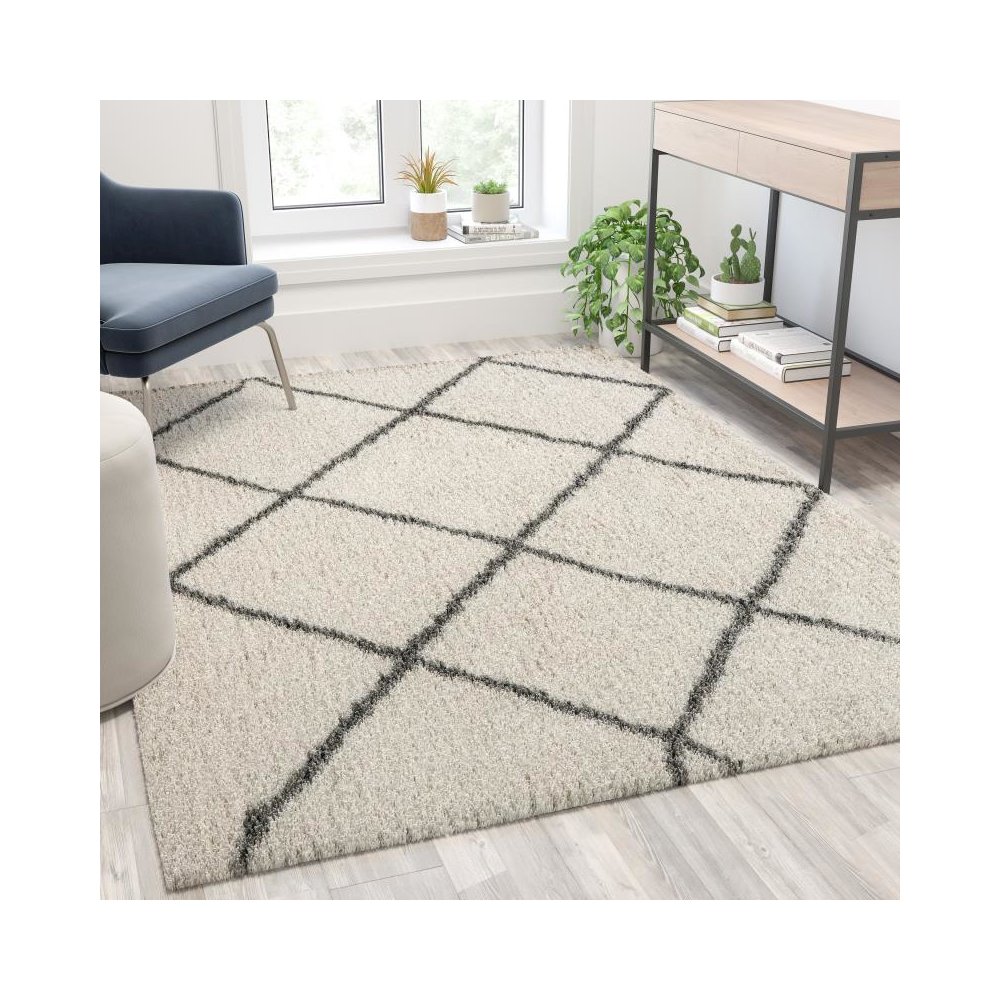 Shag Style Diamond Trellis Area Rug - 5' x 7' - Ivory/Gray Polyester (PET). Picture 2