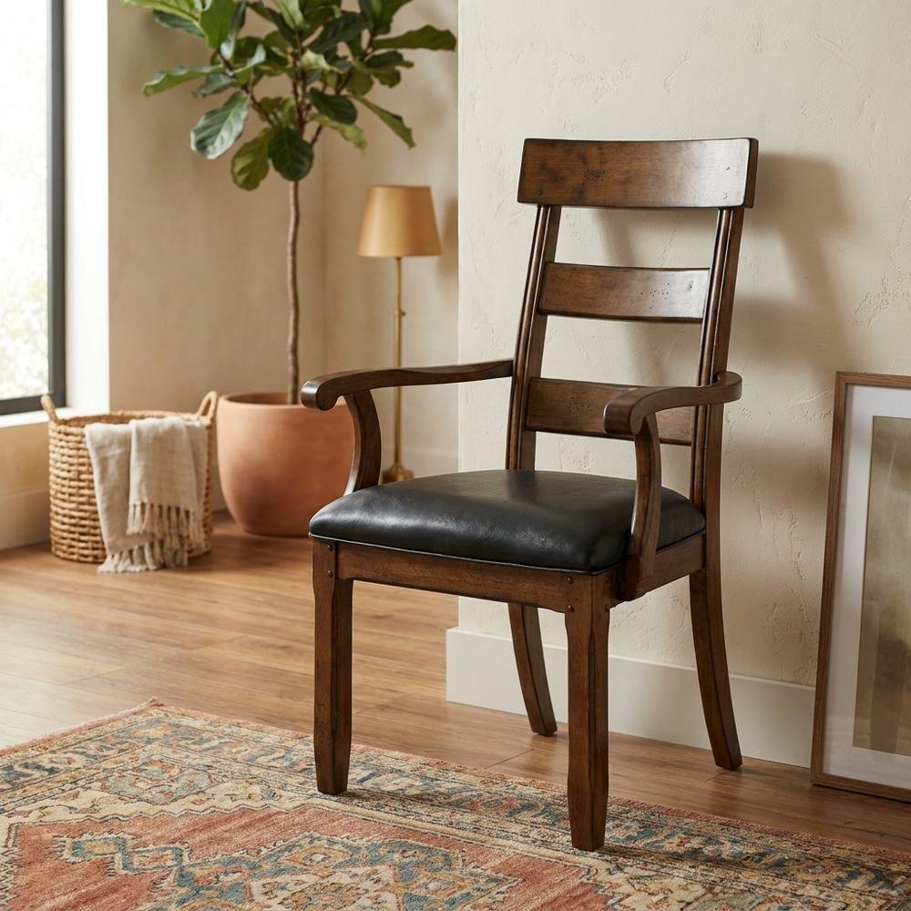 Distressed Mango Armchair with Upholstered Seat and Updated Lodge Style. Picture 3