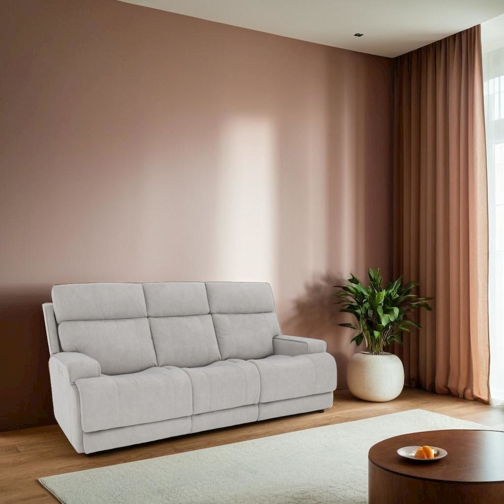 Gray Leather Power Reclining Sofa with Adjustable Headrests and Comfort. Picture 5