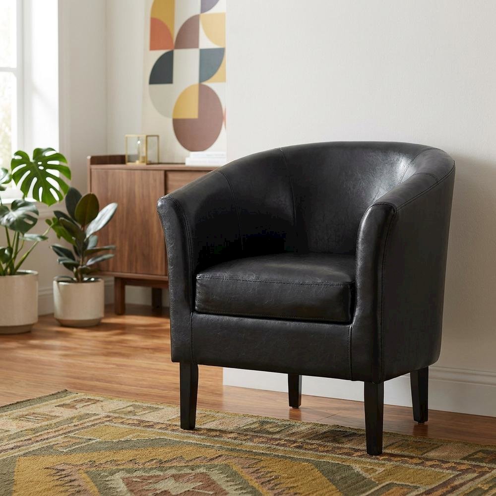 Black Faux Leather Club Armchair with Wooden Frame for Lounge or Living Room. Picture 3
