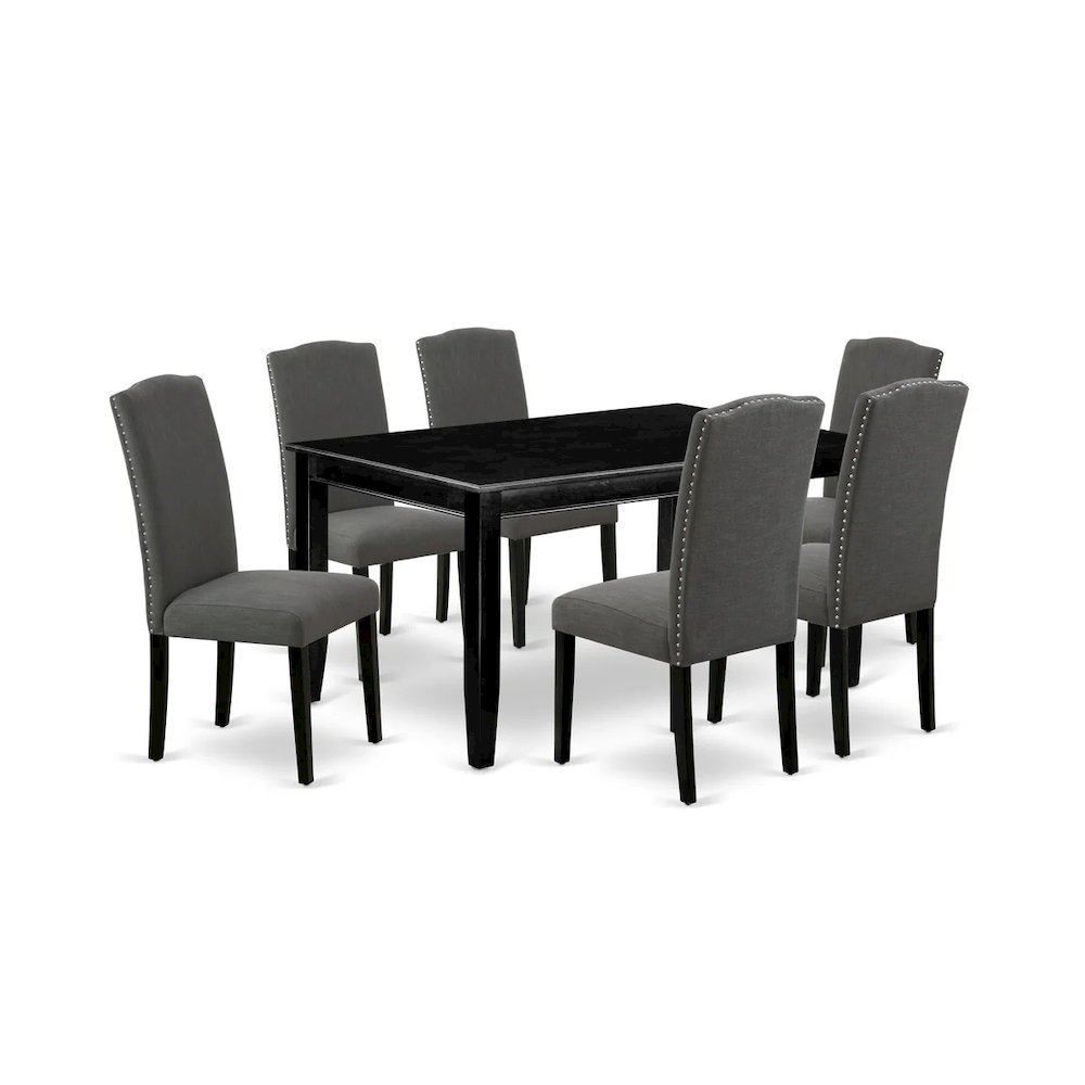 7 Piece Modern Dining Table Set Consist of a Rectangle Wooden Table and 6 Dark Gotham Linen Fabric Upholstered Chairs, Black. Picture 1