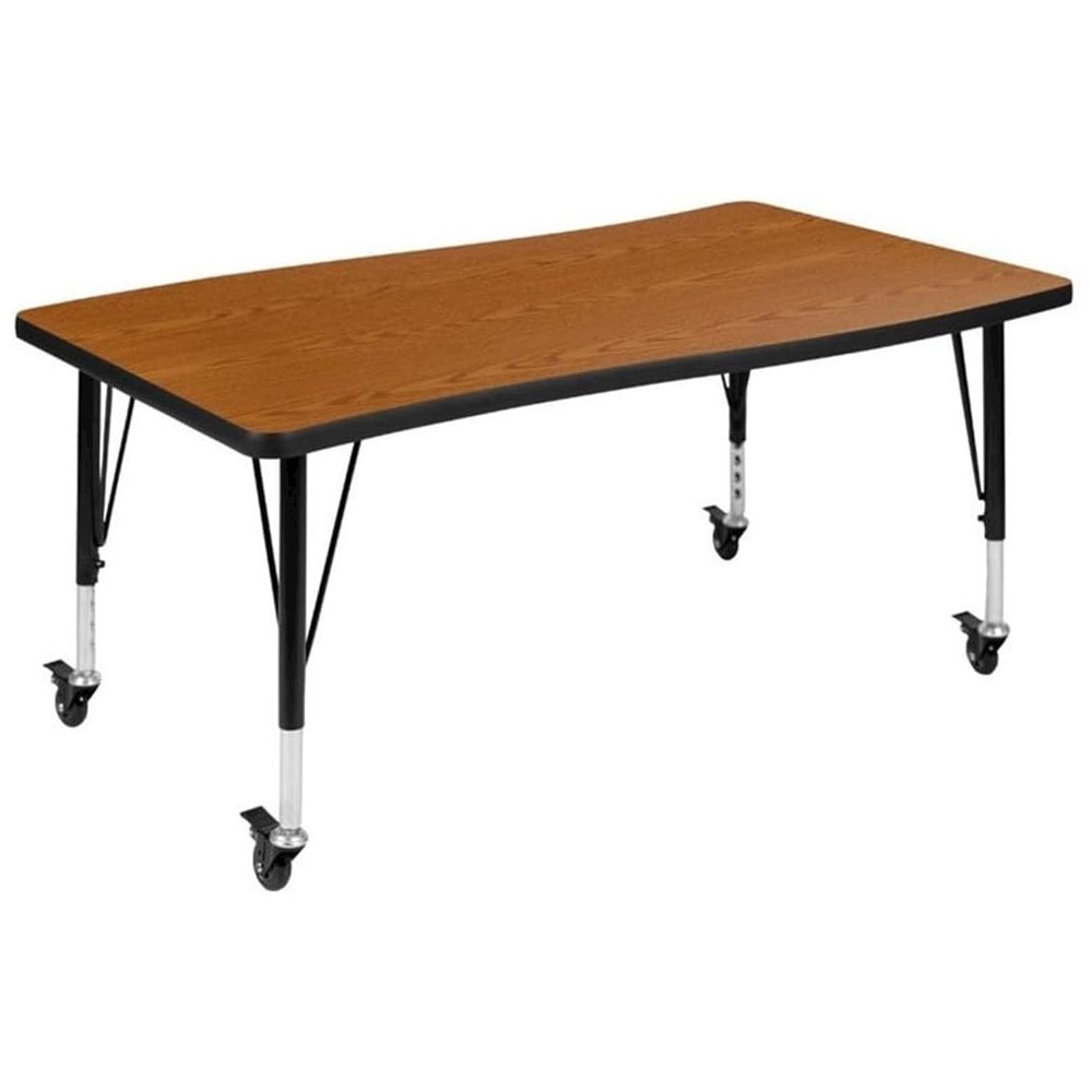 Mobile 28"W x 47.5"L Rectangular Wave Flexible Collaborative Oak Thermal Laminate Activity Table - Height Adjustable Short Legs. Picture 1