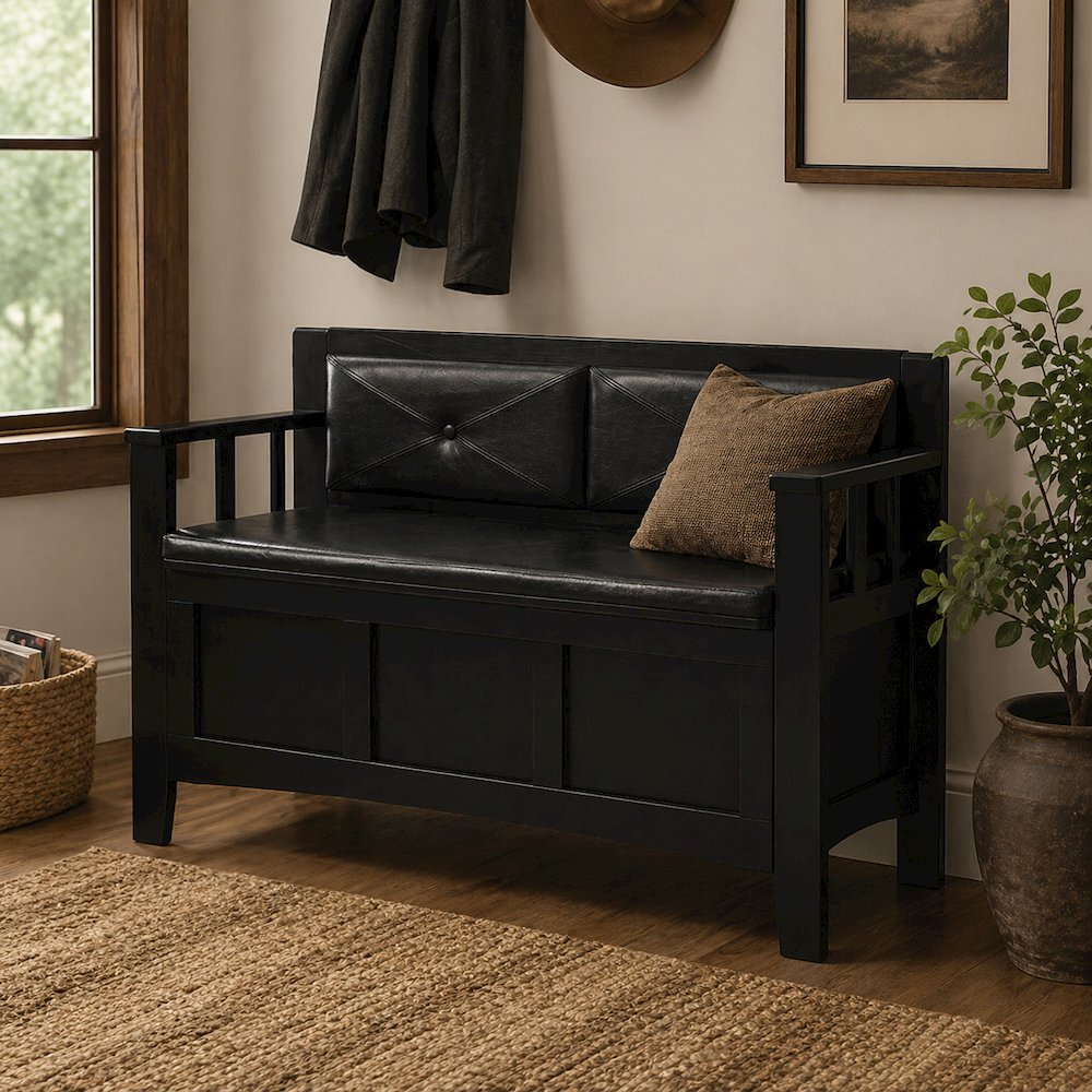 Padded Bench in Black Faux Leather with Wooden Frame and Cushioned Seat. Picture 2