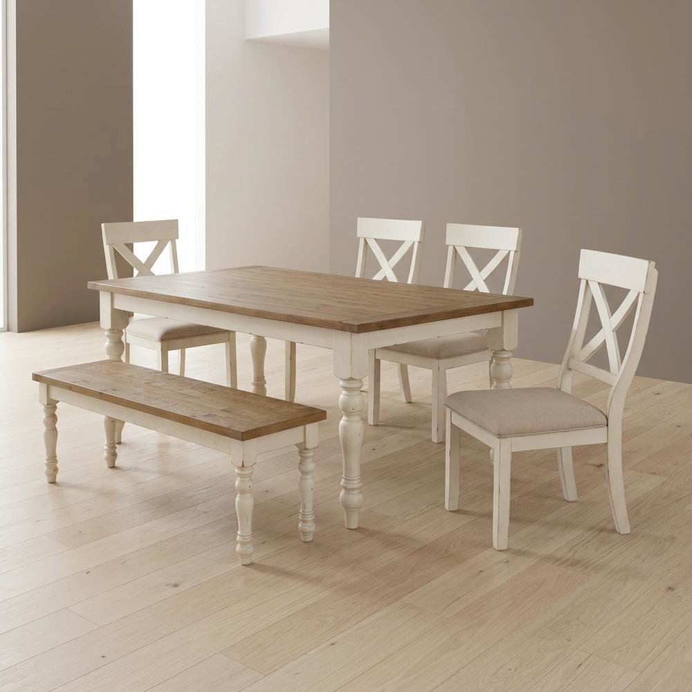 Antique White and Distressed Oak 6-Piece Dining Set with Chairs and Bench. Picture 2