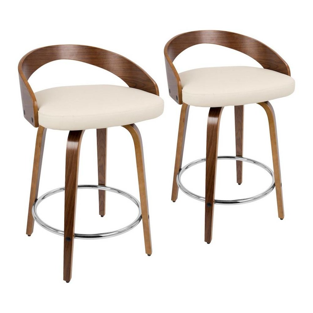 Walnut Wood, Cream PU, Chrome Grotto 25" Counter Stool - Set of 2. Picture 1