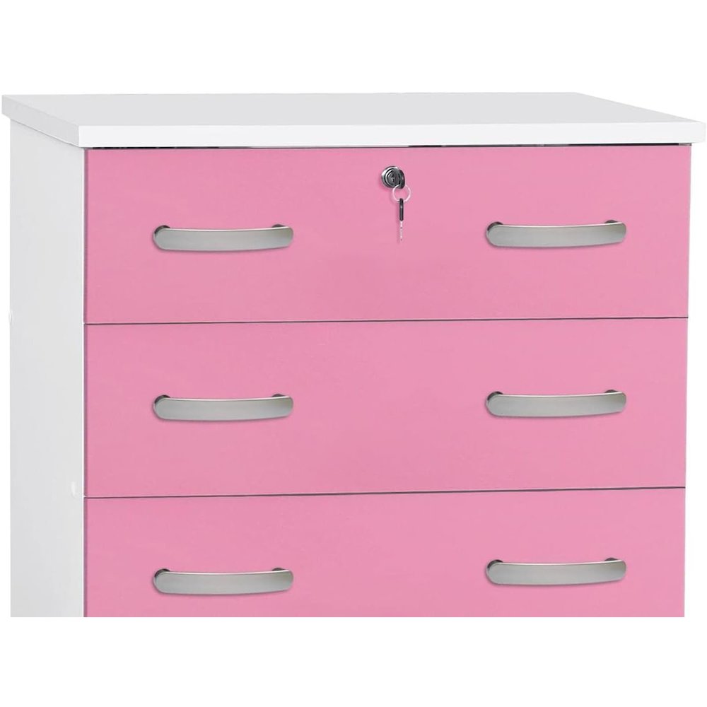 Better Home Products Cindy 5 Drawer Chest Wooden Dresser with Lock in Pink. Picture 3