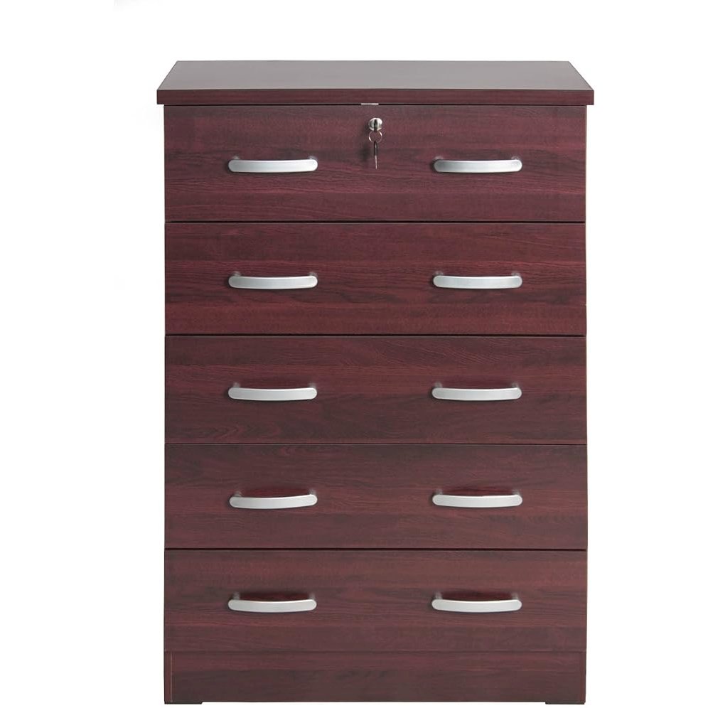 Better Home Products Cindy 5 Drawer Chest Wooden Dresser with Lock in Mahogany. Picture 1