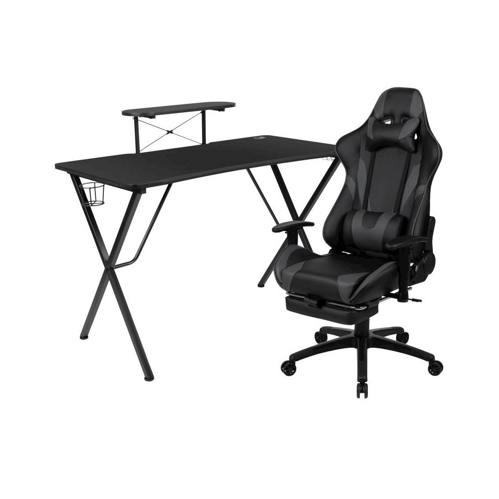 Black Gaming Desk with Cup Holder/Headphone Hook and Monitor/Smartphone Stand & Gray Reclining Gaming Chair with Footrest. Picture 1