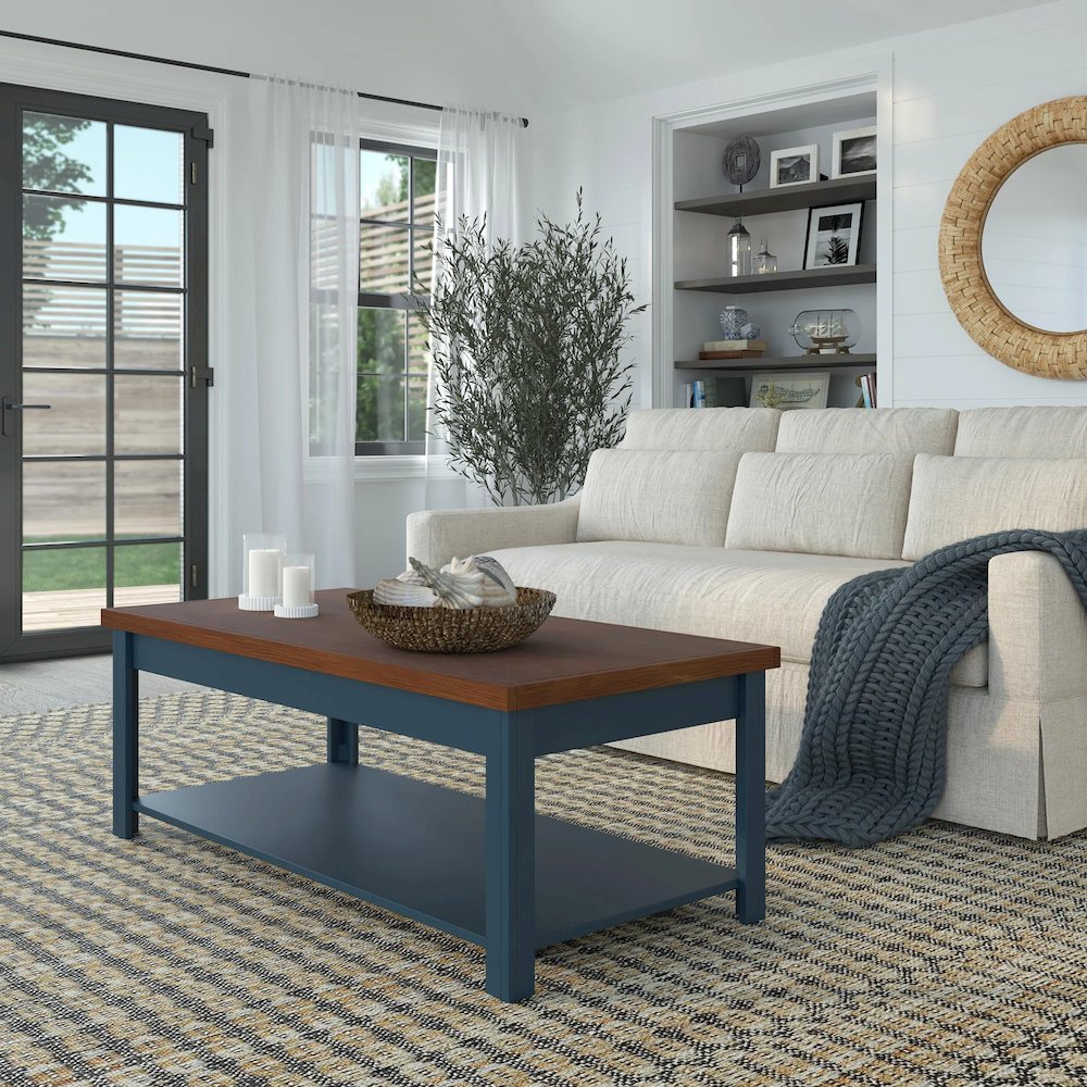 Blue Denim and Whiskey Brown Finish Open Storage Coffee Table. Picture 6