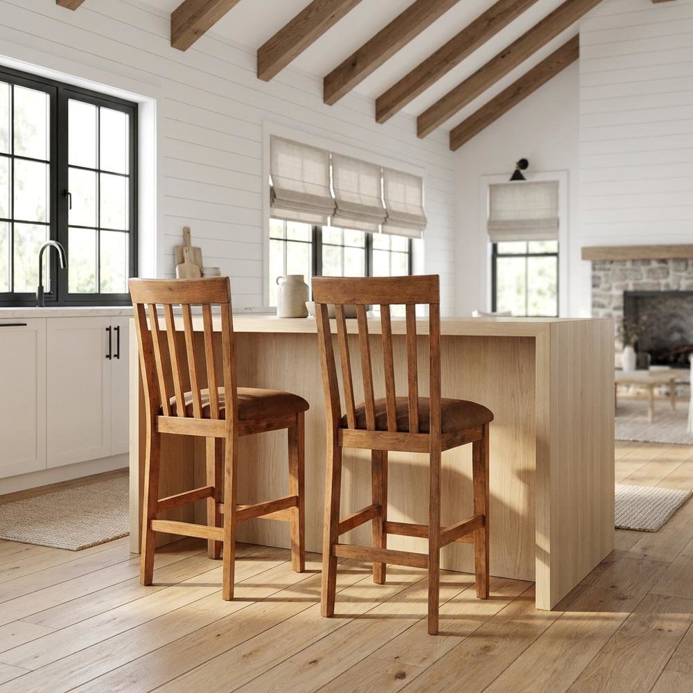Light Brown Slatback Barstool Set with Cushioned Seats and Rustic Style. Picture 3