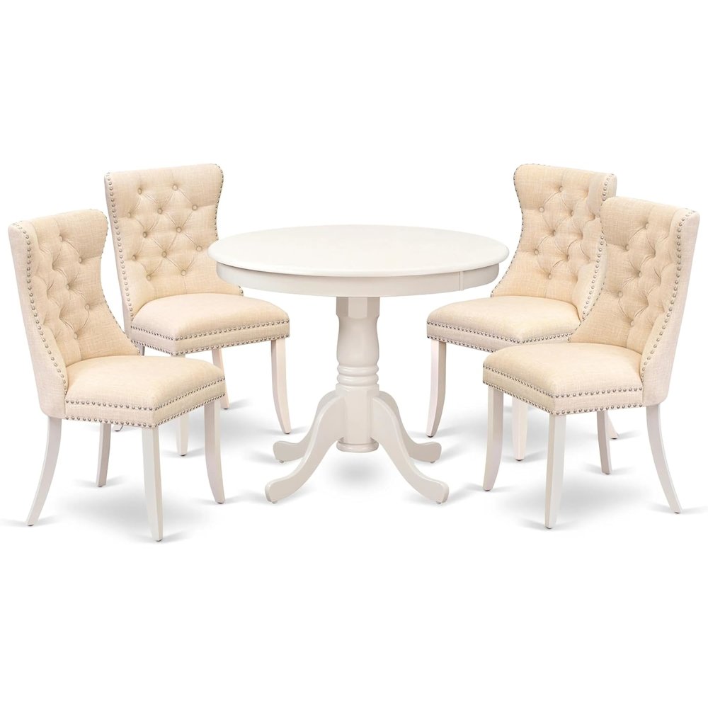 East West Furniture ANDA5-LWH-32 5 Piece Modern Dining Table Set Includes a Round Kitchen Table with Pedestal and 4 Parson Chairs, Linen White. Picture 1