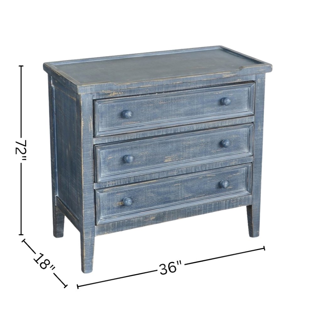Blue Solid Wood Farmhouse End Table, Nightstand with 3 Drawers for Storage. Picture 4