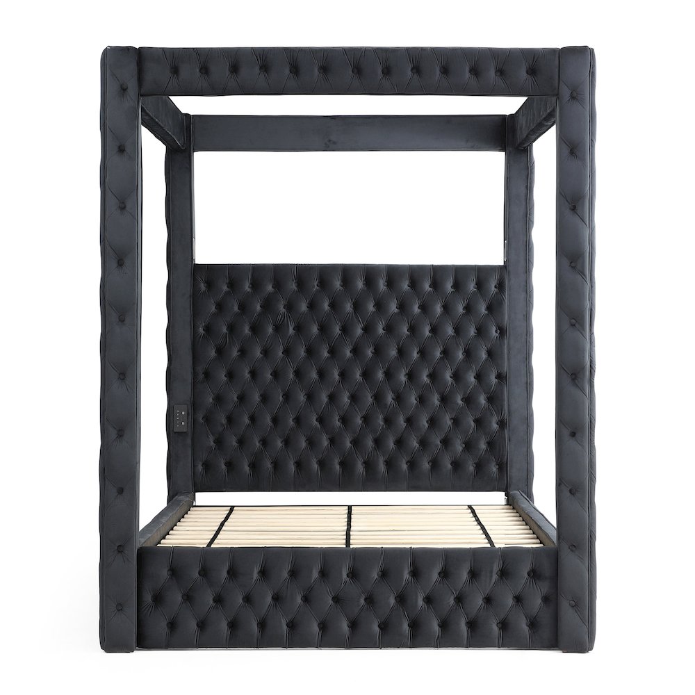 Luxurious Velvet Canopy Queen Bed with Speaker and USB Connection in Black. Picture 2