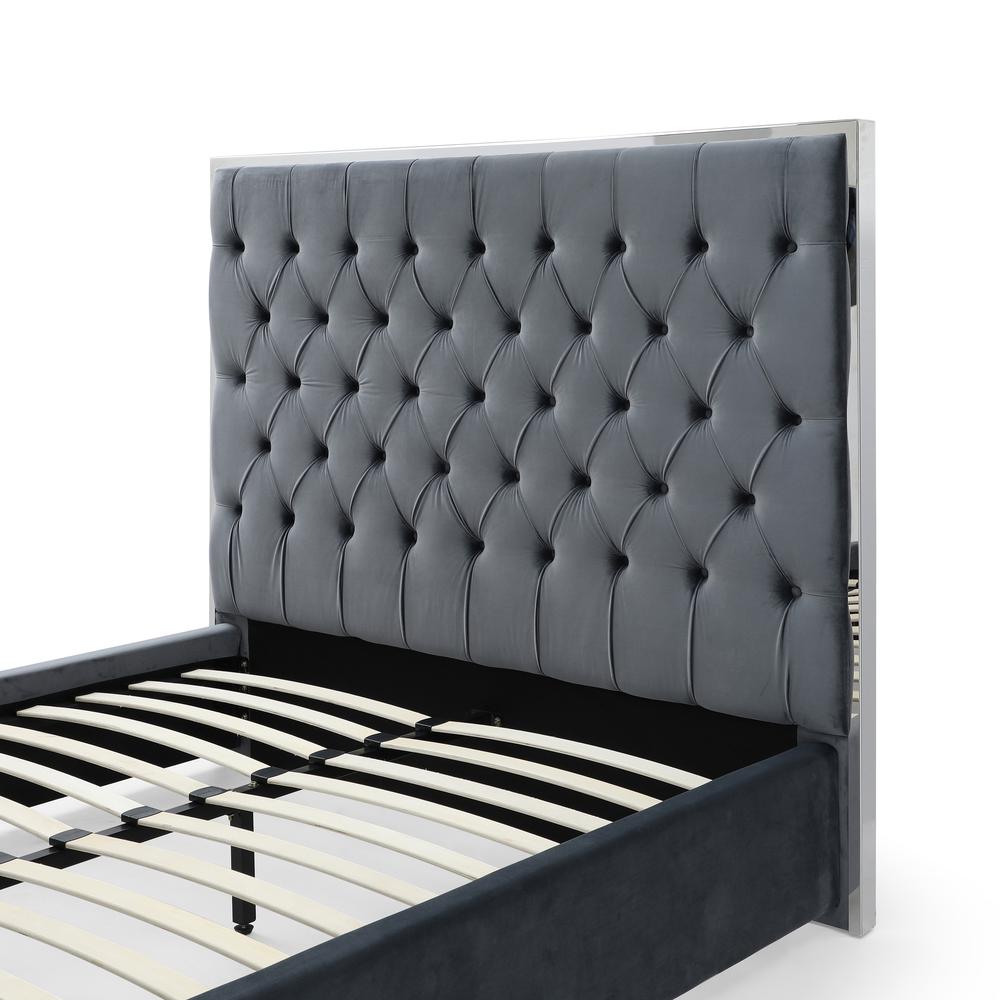 Better Home Products Sophia Velvet Queen Bed with Silver Metal Frame in Gray. Picture 7