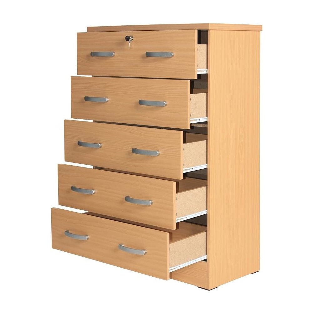 Better Home Products Cindy 5 Drawer Chest Wooden Dresser with Lock Beech (Maple). Picture 5