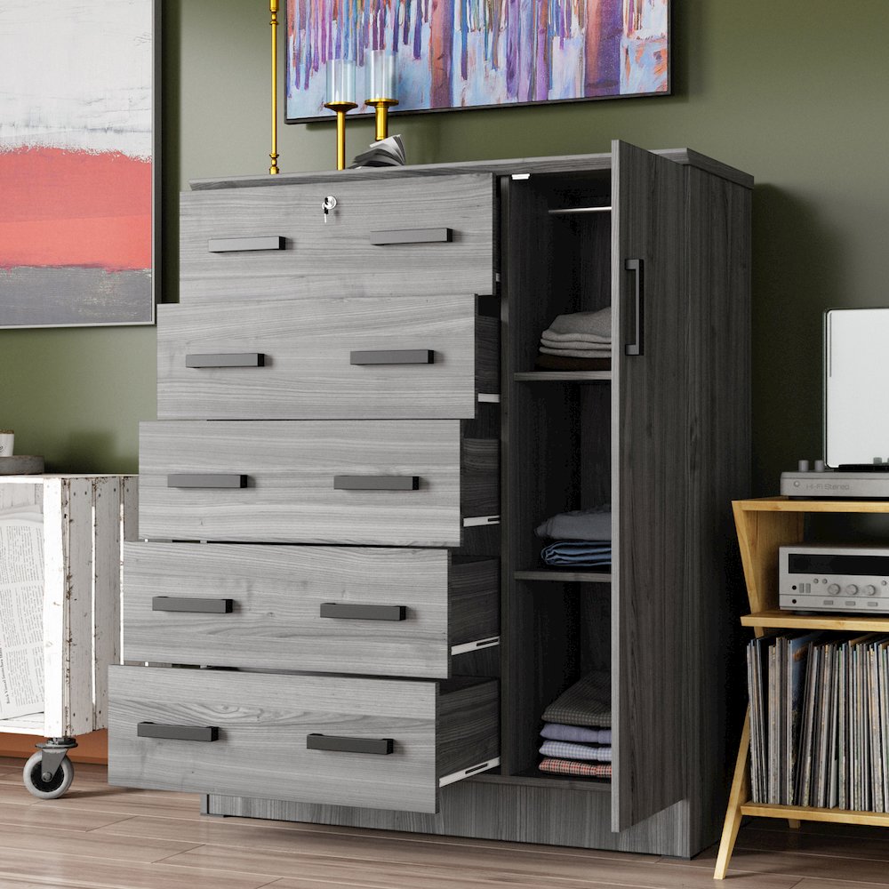 Better Home Products JCF Sofie 5 Drawer Wooden Tall Chest Wardrobe in Gray. Picture 8