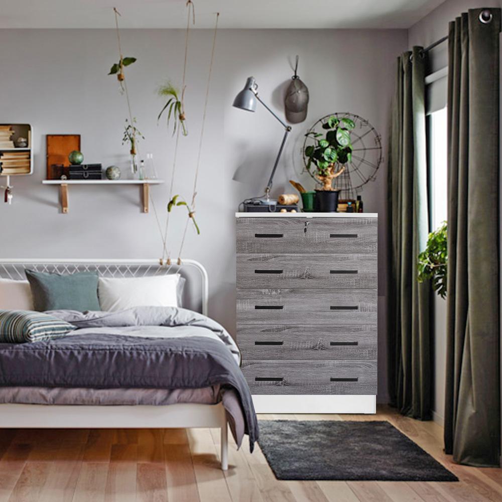 Better Home Products Cindy 5 Drawer Chest Wooden Dresser with Lock in White/Gray. Picture 12