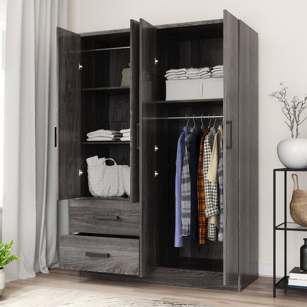 Better Home Products Luna Modern Wood 4 Doors 2 Drawers Armoire in Gray. Picture 7