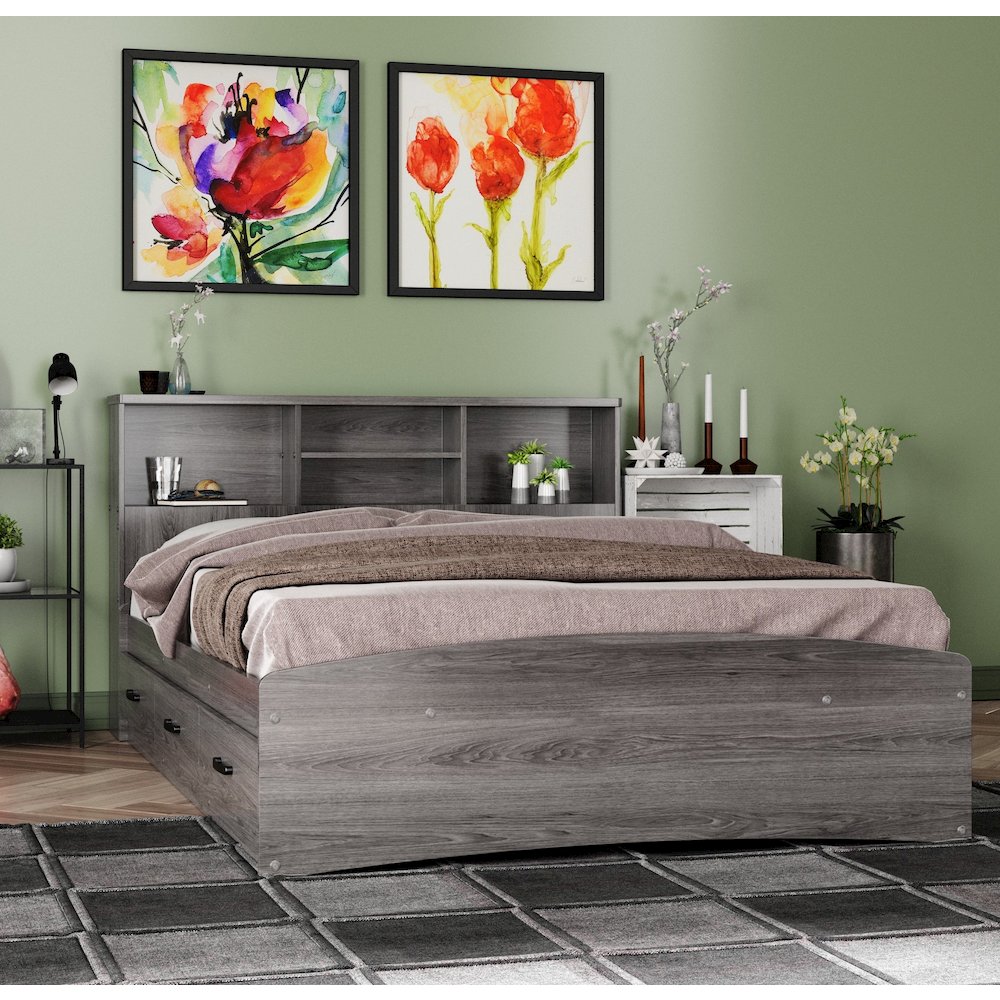 Captain Paltform Bed with 3 Drawers and Bookcase Headboard. Picture 2