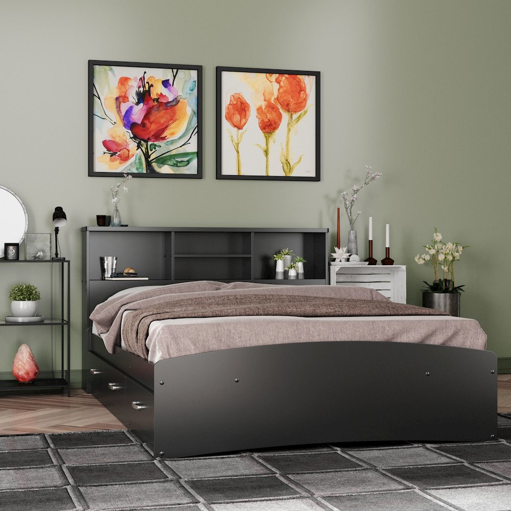 Bed with 3 Drawers and Bookcase Headboard (Black, Full). Picture 2