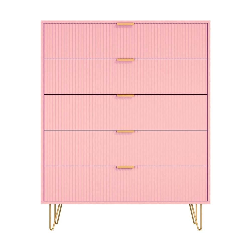 5-Drawer Chest in MDF Wood with Gold Metal Legs and Handles. (Pink). Picture 2
