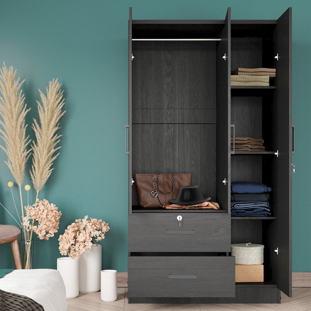 Better Home Products Symphony Wardrobe Armoire Closet with Two Drawers in Black. Picture 6