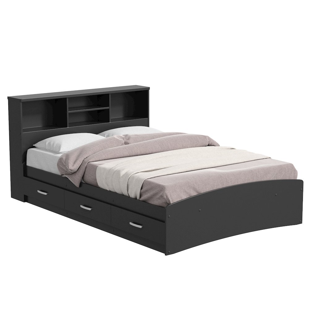 Bed with 3 Drawers and Bookcase Headboard (Black, Full). Picture 1