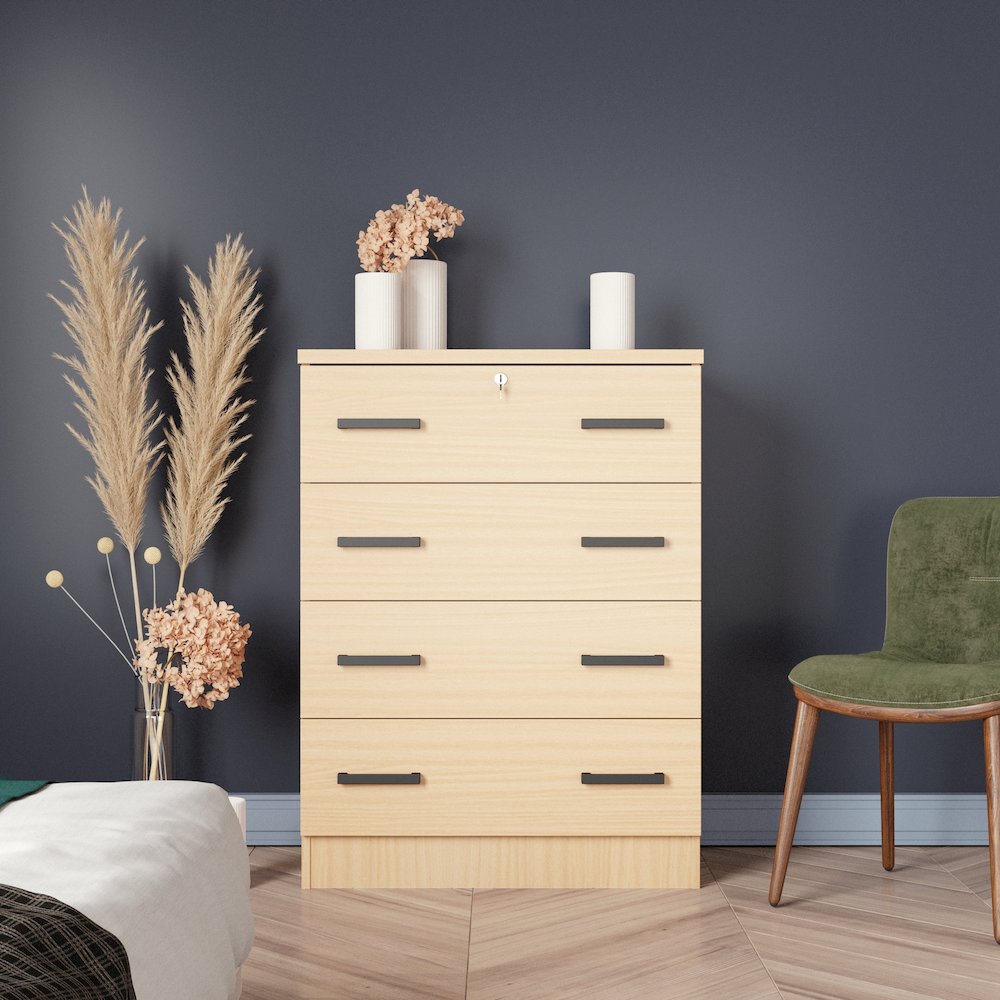 WPfurniture 4 Drawer Chest Wooden Dresser with Lock (Beech). Picture 2