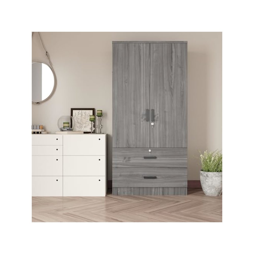 Woodpeckers Furniture And Mattress 2-Door Closet with 2-Drawers (Grey). Picture 5