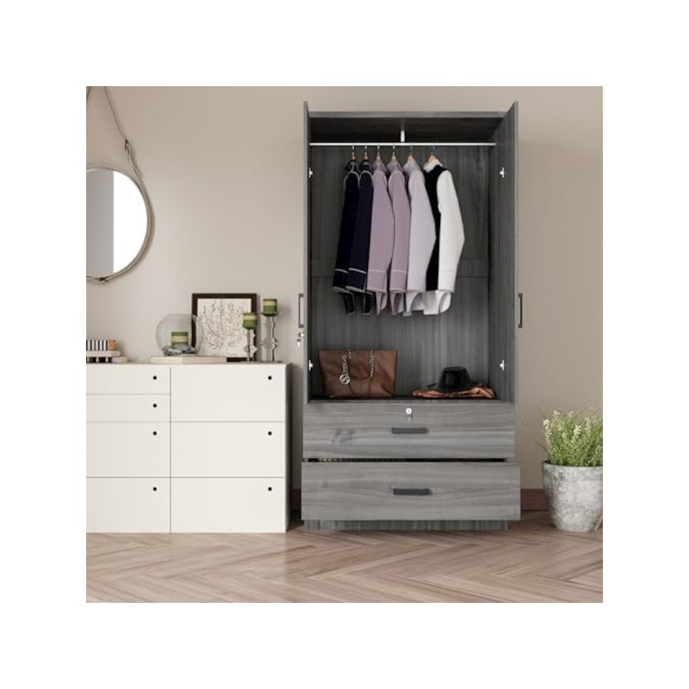Woodpeckers Furniture And Mattress 2-Door Closet with 2-Drawers (Grey). Picture 2