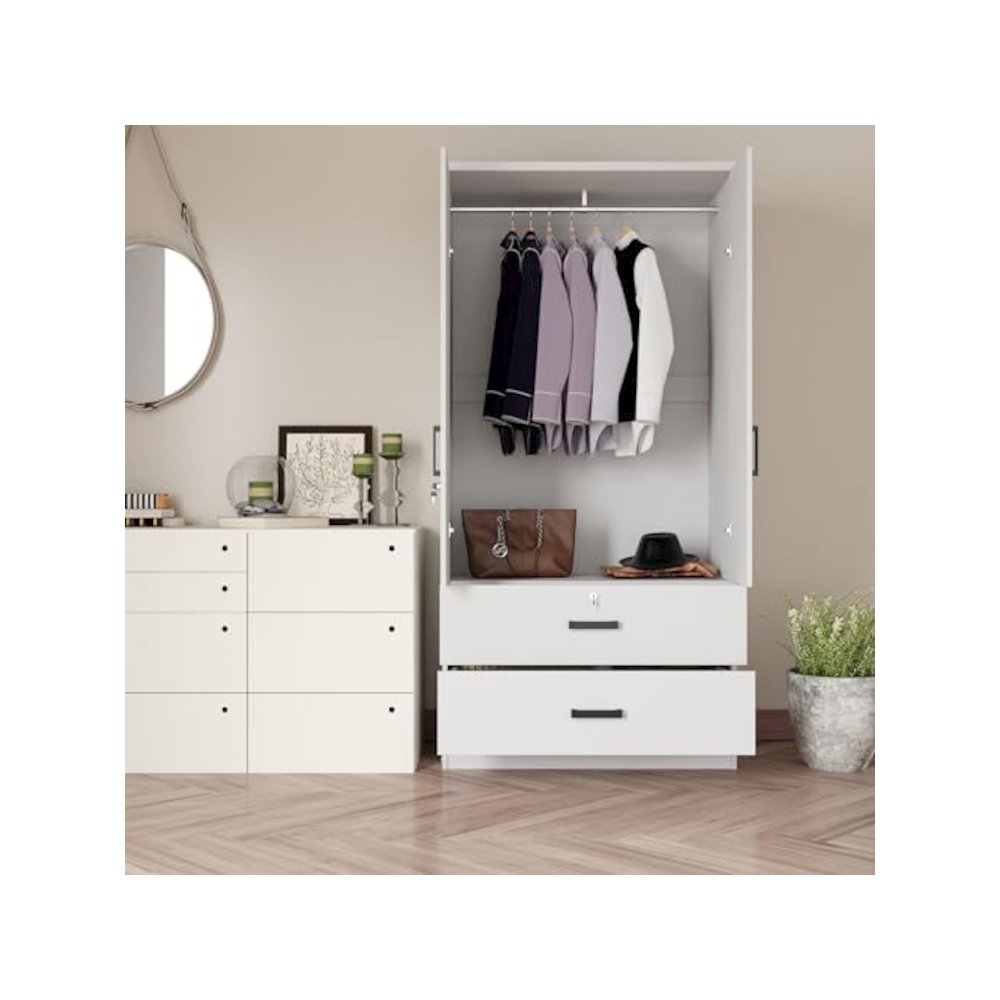 Woodpeckers Furniture And Mattress 2-Door Closet with 2-Drawers (White). Picture 2