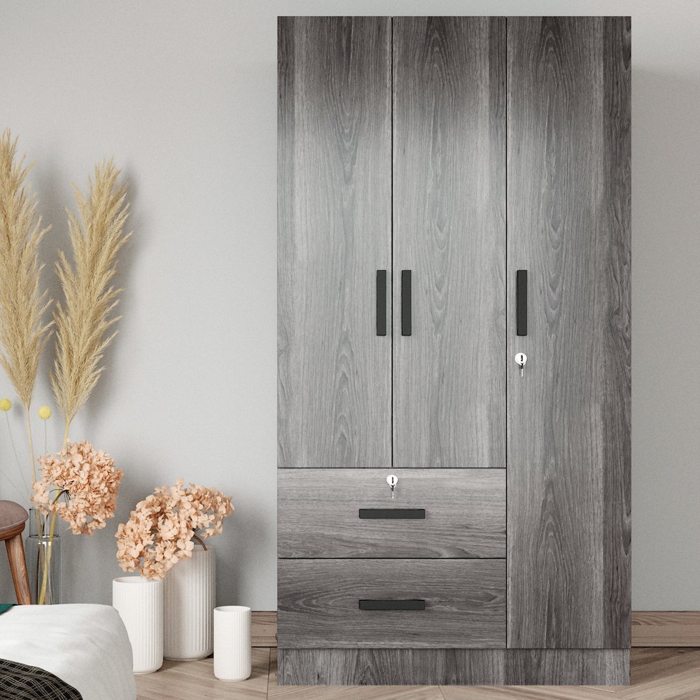 Better Home Products Symphony Wardrobe Armoire Closet with Two Drawers in Gray. Picture 2