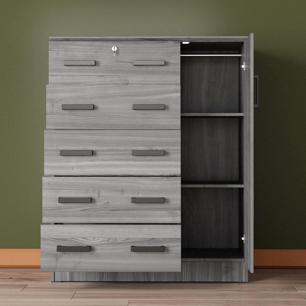 Better Home Products JCF Sofie 5 Drawer Wooden Tall Chest Wardrobe in Gray. Picture 9
