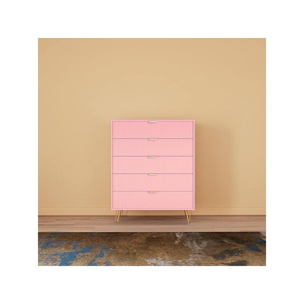 5-Drawer Chest in MDF Wood with Gold Metal Legs and Handles. (Pink). Picture 5