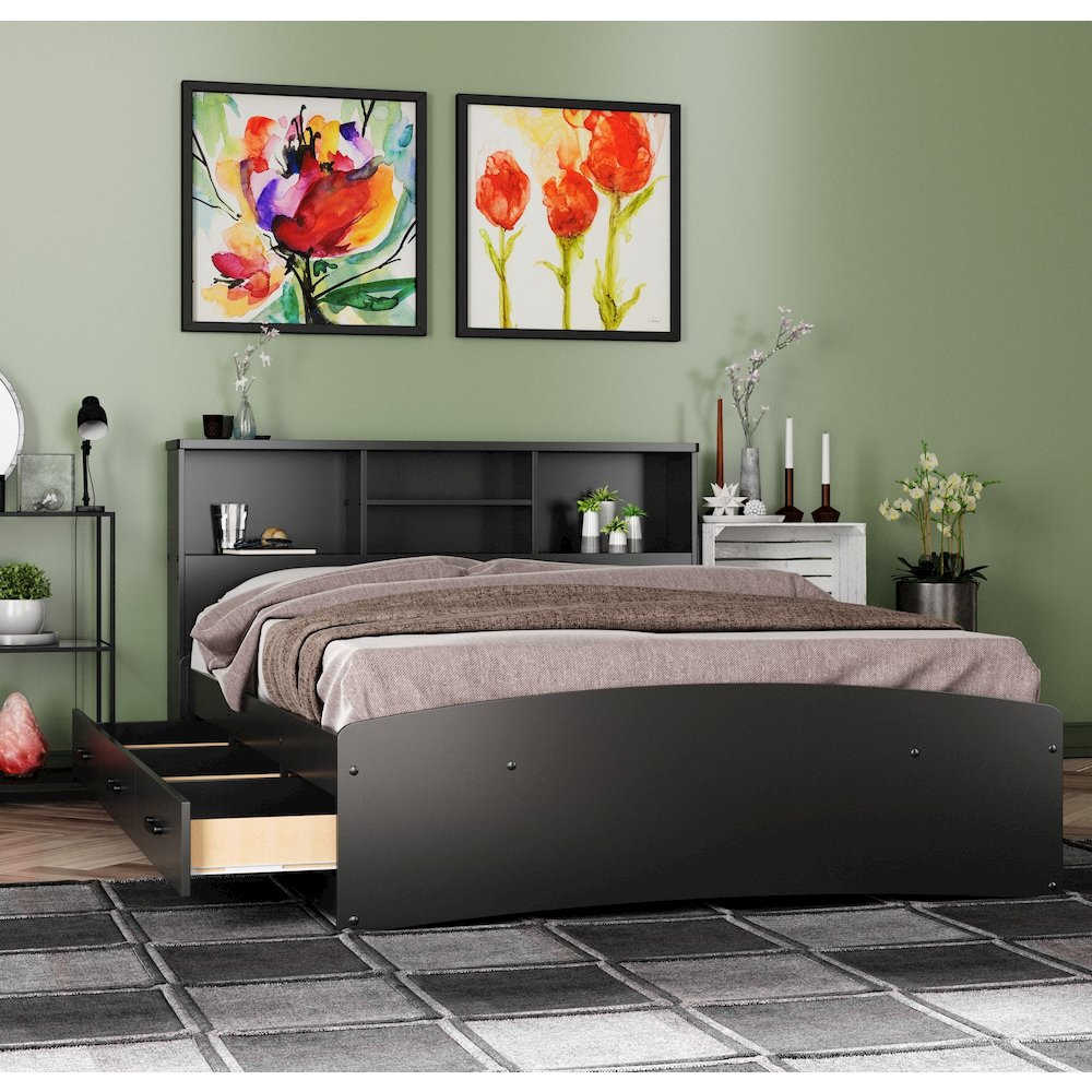 Captain Paltform Bed with 3 Drawers and Bookcase Headboard. Picture 2