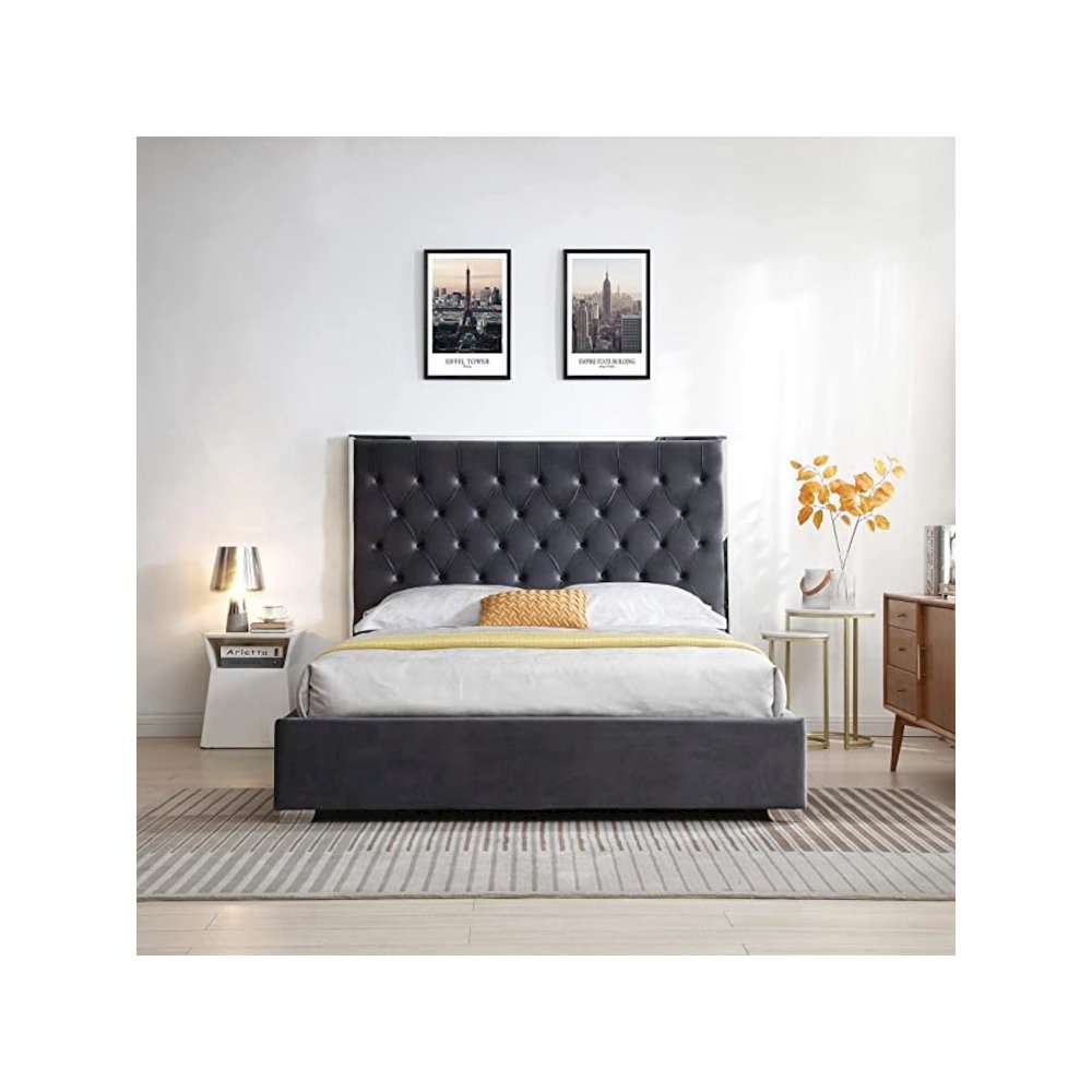 Sophia Velvet Queen Bed with Silver Metal Frame. Picture 2