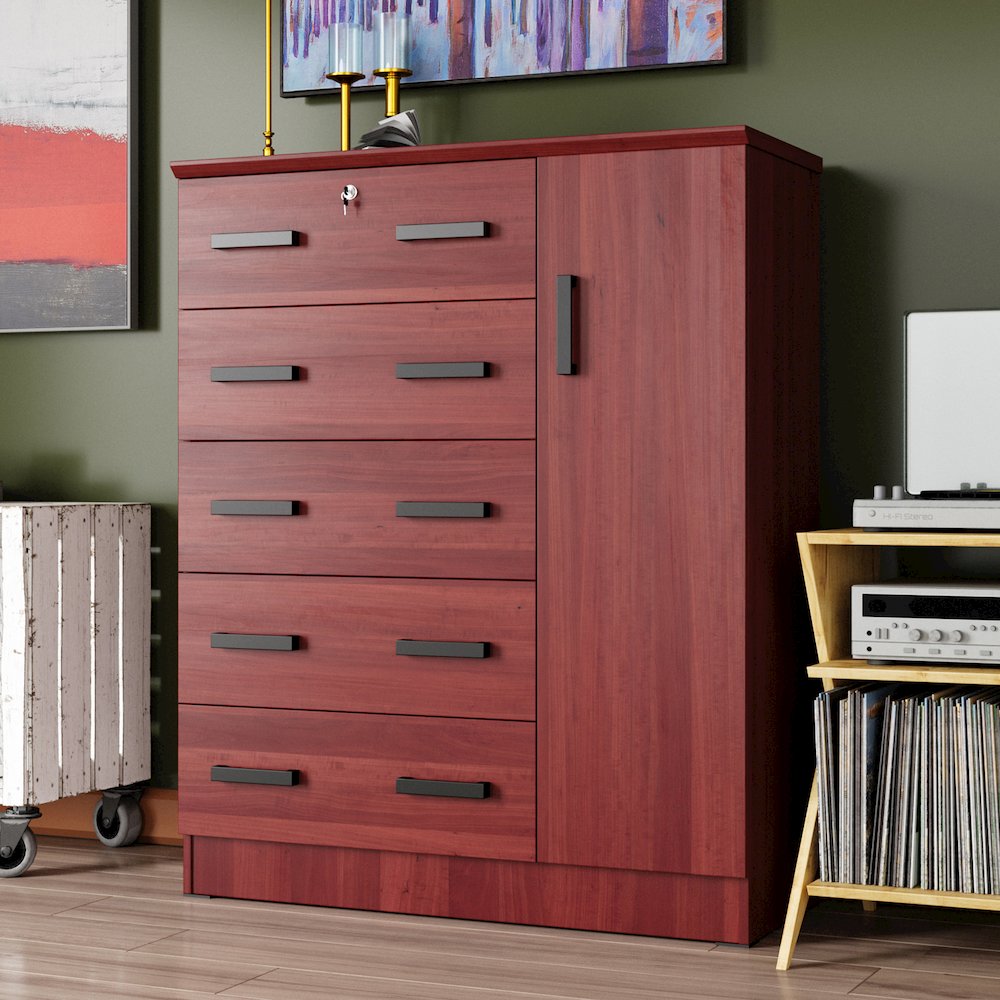 Better Home Products JCF Sofie 5 Drawer Wooden Tall Chest Wardrobe in Mahogany. Picture 6