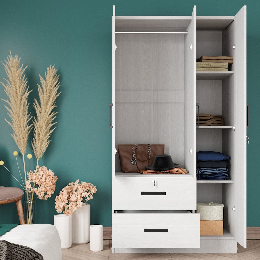Better Home Products Symphony Wardrobe Armoire Closet with Two Drawers in White. Picture 4